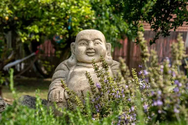 Laughing Buddha statue among herbs in the garden
