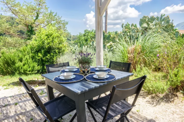 Table set on the terrace with garden view