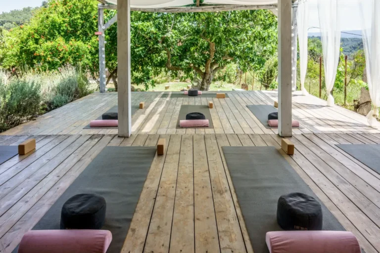 Yoga mats and bolsters laid out on the wooden shala floor