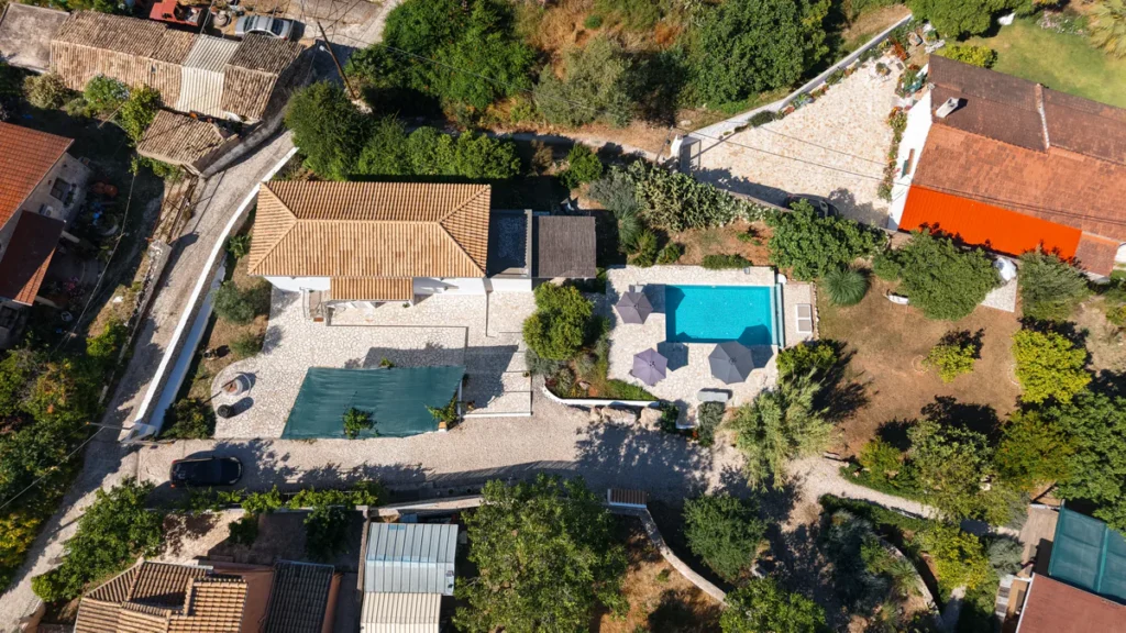 Aerial view of the Manto grounds with pool and garden