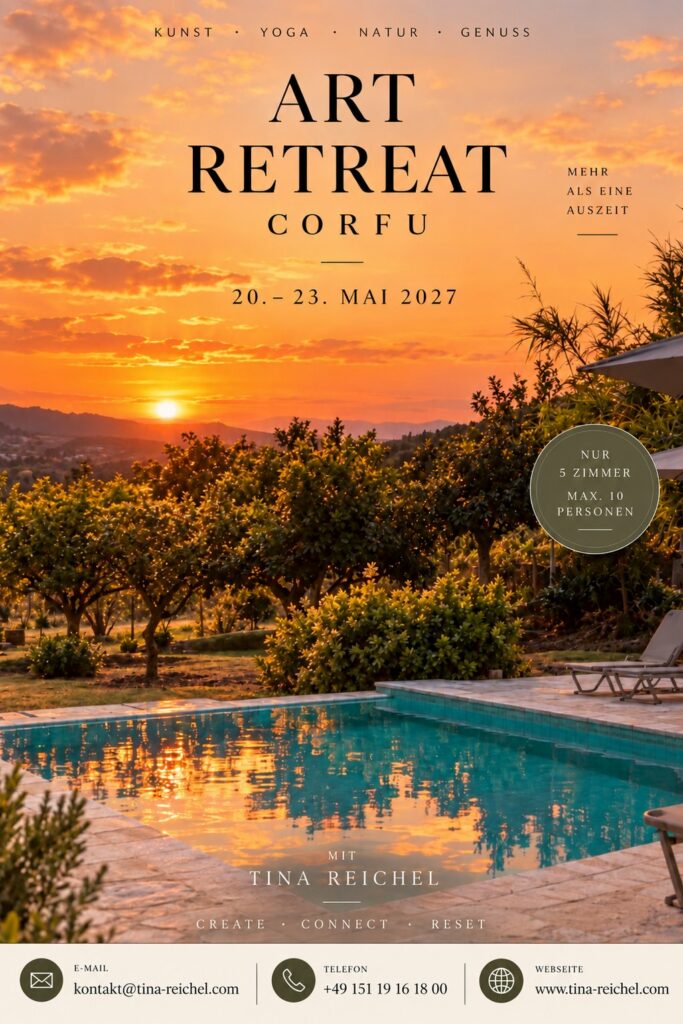Art Retreat Corfu – Kunst, Yoga, Natur, Genuss, 20.–23. Mai 2027, mit Tina Reichel, nur 5 Zimmer, max. 10 Personen
